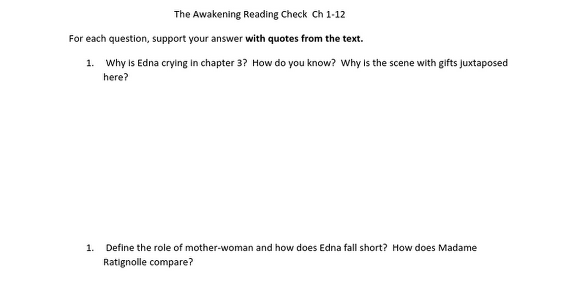 The Awakening Reading Check  Ch 1