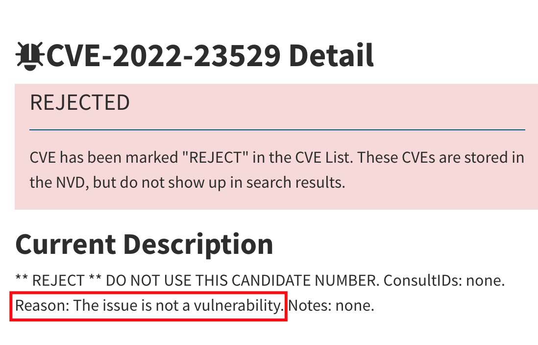 Screenshot of the National Vulnerability Database notice for the CVE, showing it's rejected with a reason of: This issue is not a vulnerability.