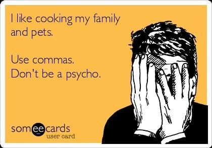 This image contains the phrase "I like cooking my family and pets. Use commas. Don't be a psycho." on a yellow background, with a cartoon man hiding his face with his hands to the right. 