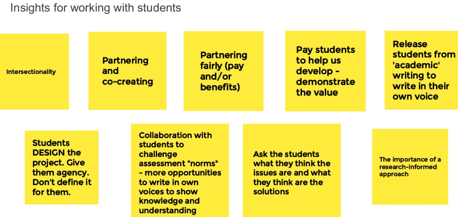 Post-it notes to identify ways of working with students