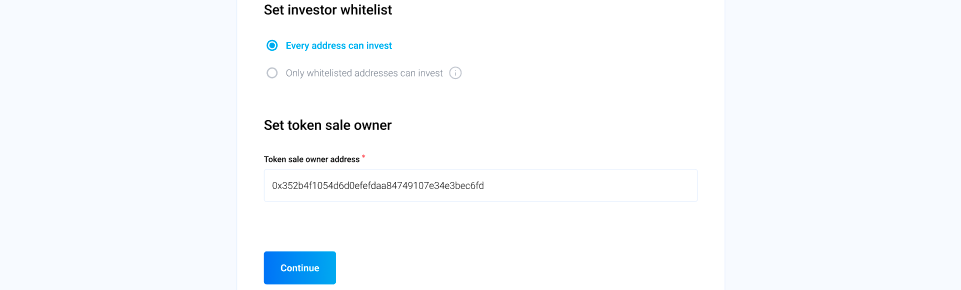 View of the Create Token Presale parameters  for setting up investor whitelisting and token sale owner