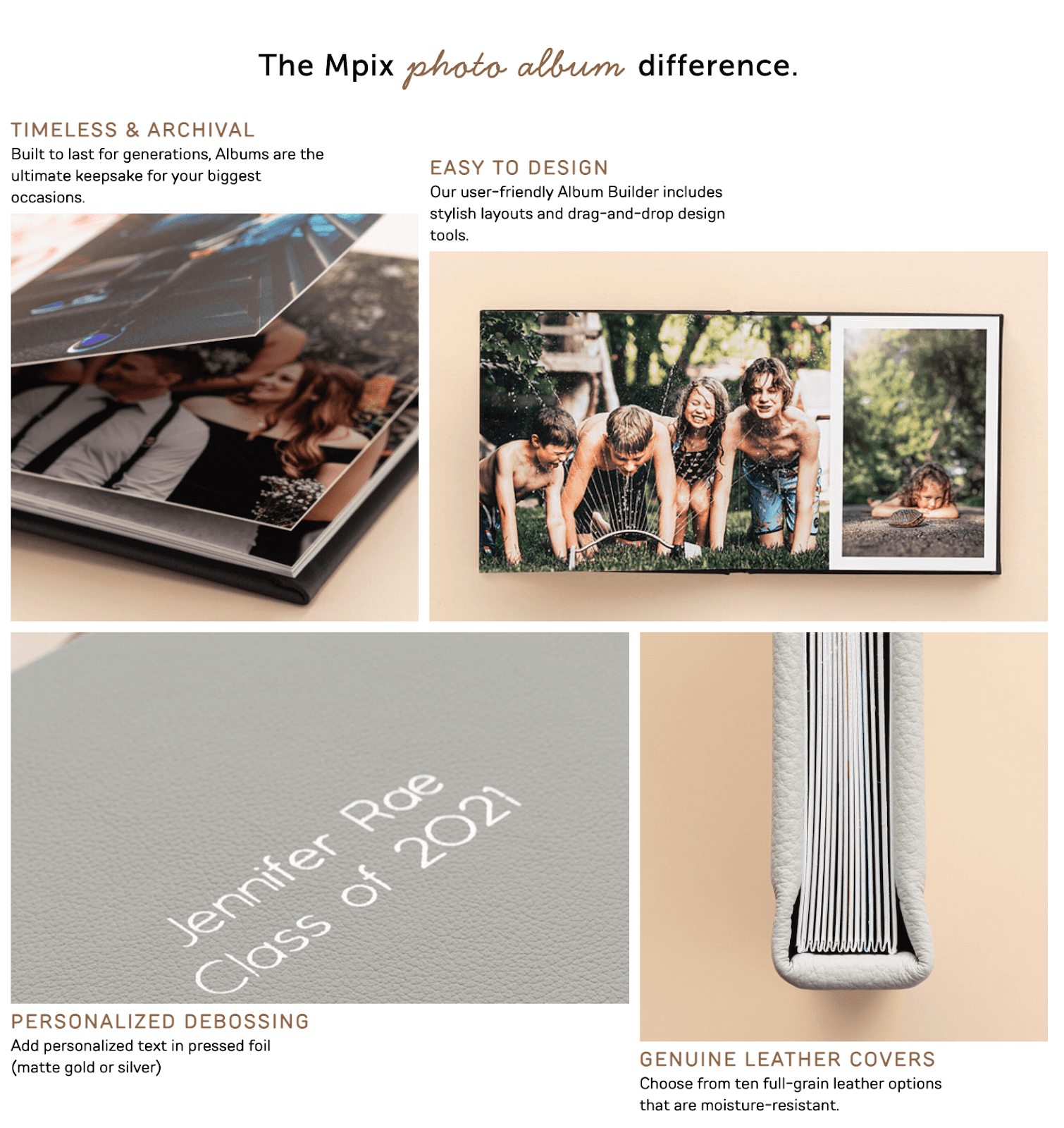 Valentine’s Day Gift Guide–A screenshot from MPix’s photo album product page showing 4 images of their photo albums and text that reads “The MPix photo album difference”.