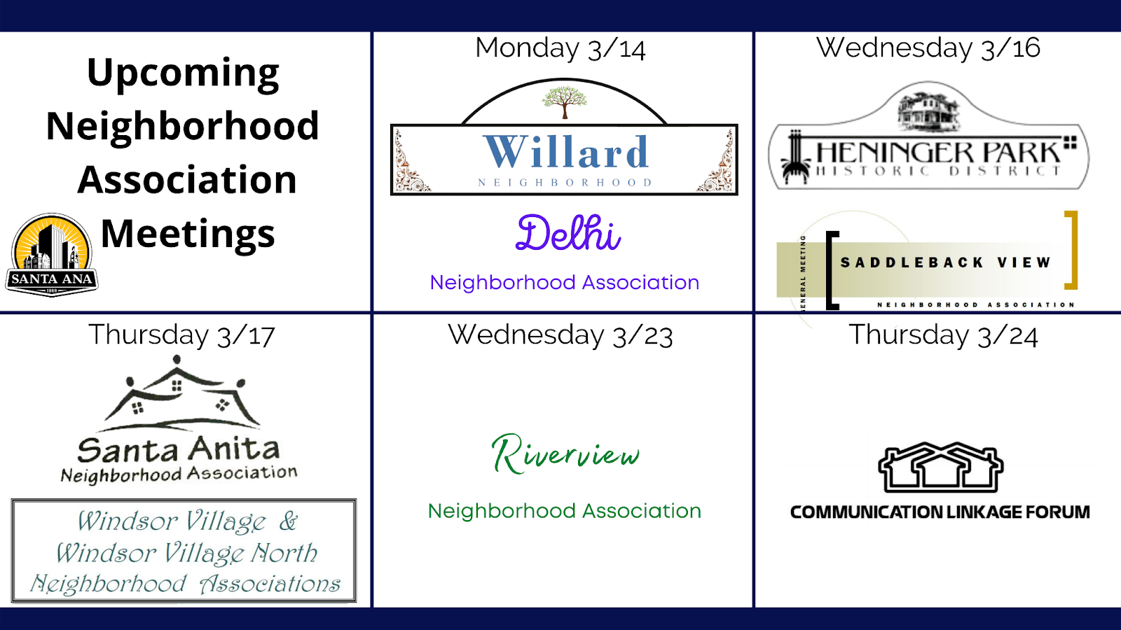 A calendar of upcoming Neighborhood association meetings, all listed in table below.