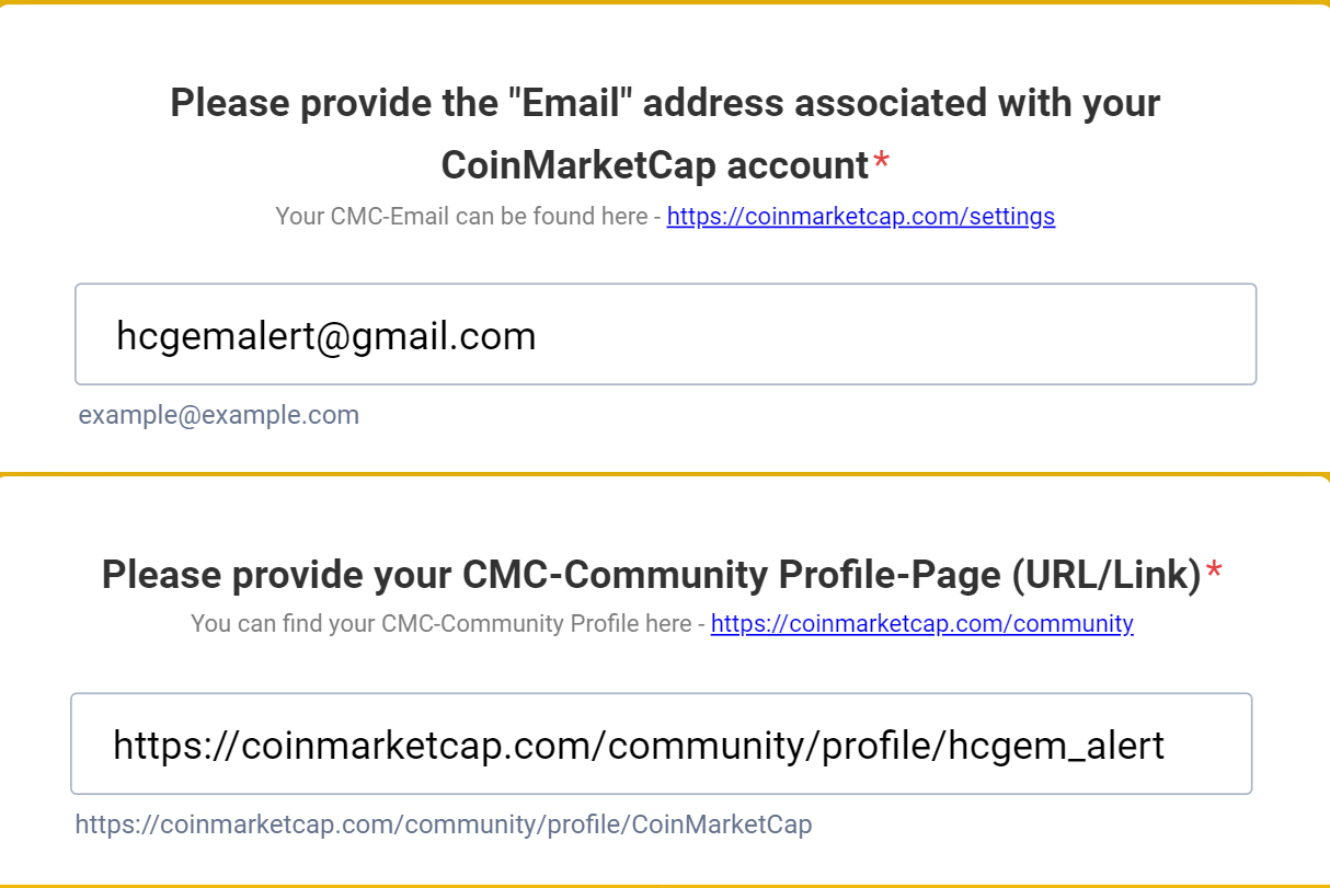 Nhập Email tài khoản CMC và link profile để tiếp tục.