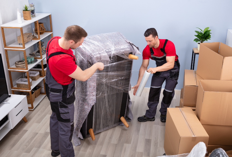 A duo of movers also doing the packing of a furniture before moving.