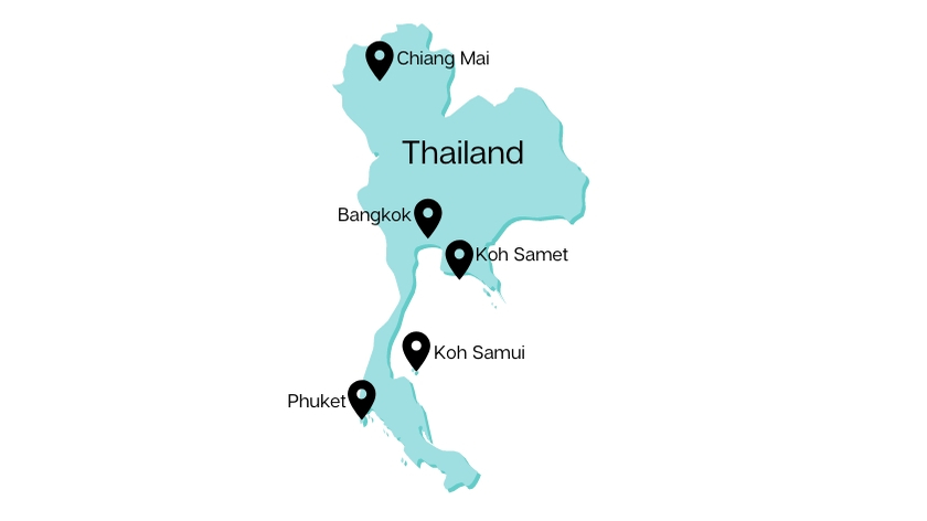 Map of Thailand showing locations of Koh Samui and Koh Samet.