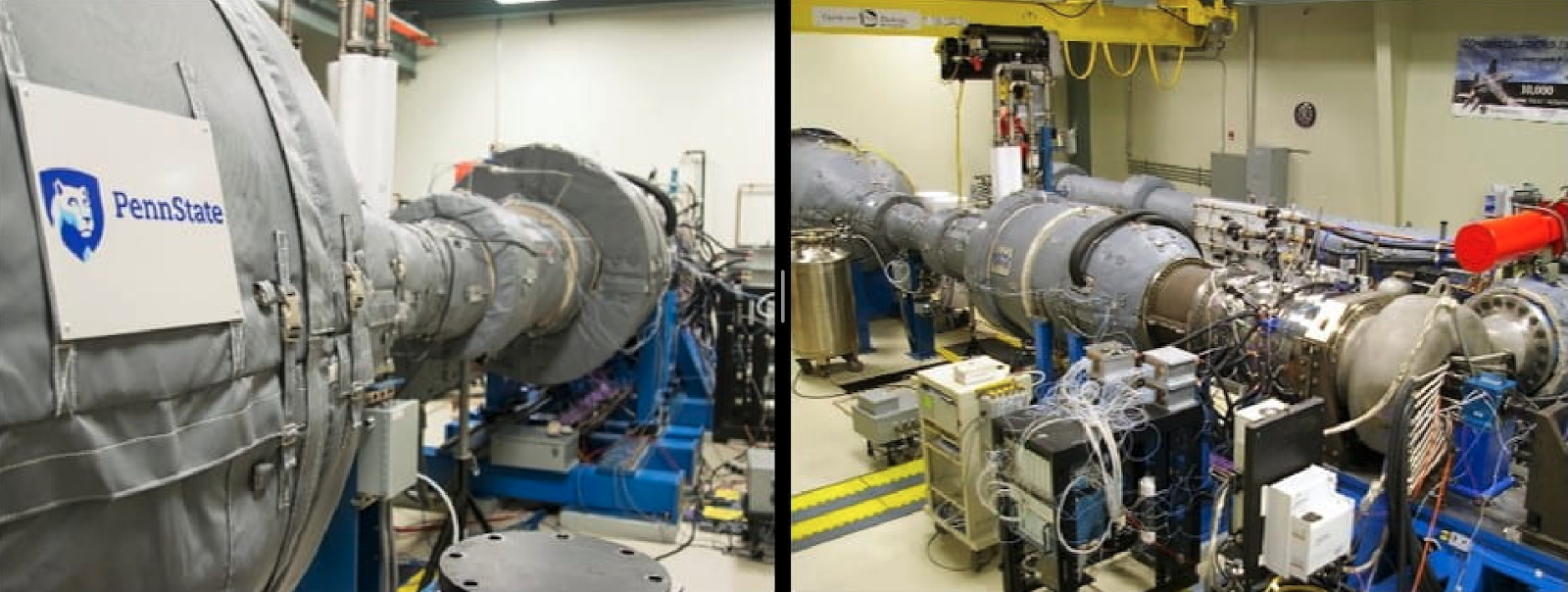 Photos of Penn State’s START system: The left image shows the flow path facing the one-stage test section, which is displayed in more detail on the right, along with the instrumentation. 