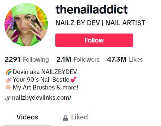 Showcases the profile of a nail artist known as "NAILZ BY DEV" or "Your 90's Nail Bestie" on social media, highlighting their following, likes, and links to their art and merchandise.