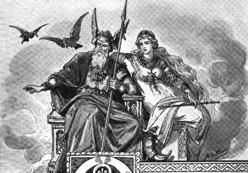 Odin and Athena are depicted in a pencil drawing, sitting on a throne while two black crows fly overhead. They are both adorned in elaborate robes.
