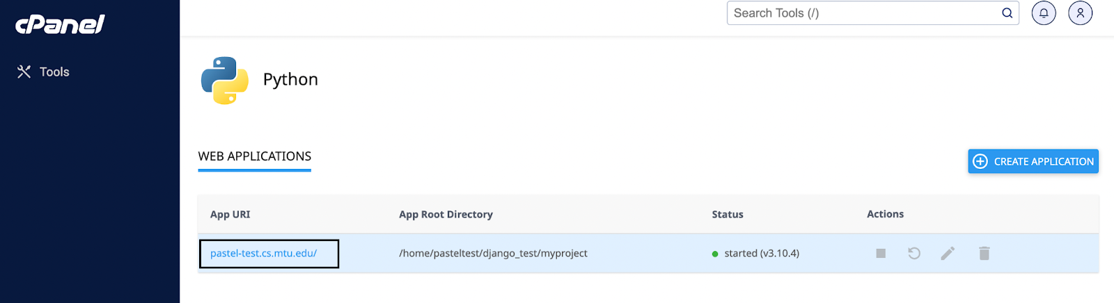The Python Web Applications section in cPanel, displaying an application with the App URI 'pastel-test.cs.mtu.edu/' and App Root Directory '/home/pasteltest/django_test/myproject'. The application's status is marked as 'started (v3.10.4)', and there are action buttons for managing the application.