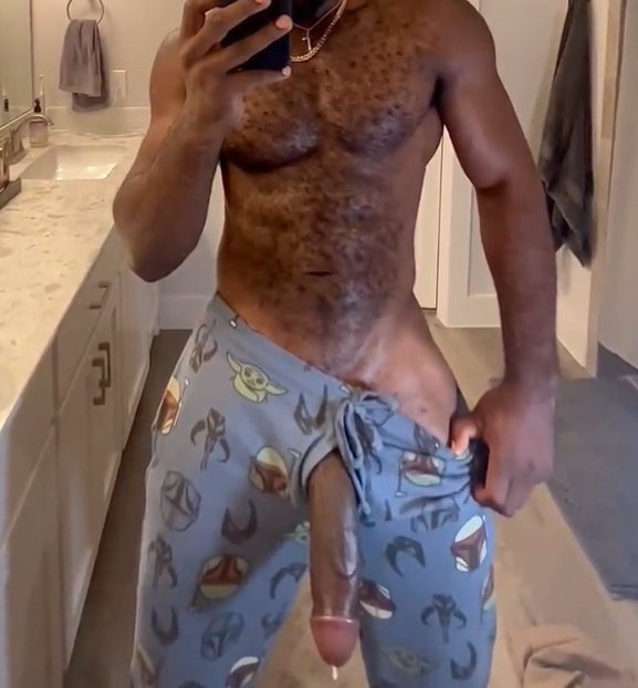 Hairy Marshall Price wearing star wars pajama bottoms with his flaccid fat black dick dripping jizz all over the bathroom floor