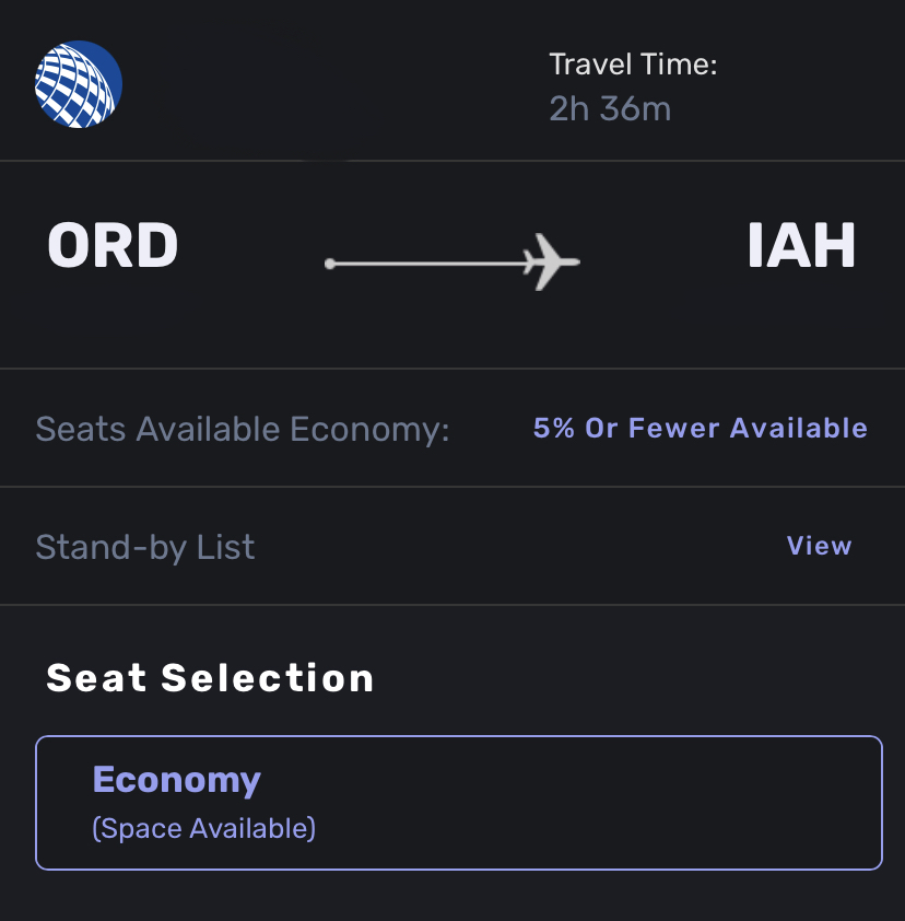 screenshot of ID90Travel listing tool showing a United flight between ORD & IAH