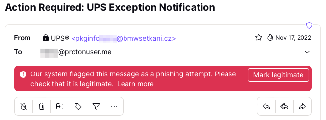 Proton Mail warning flagging this message as a phishing attempt