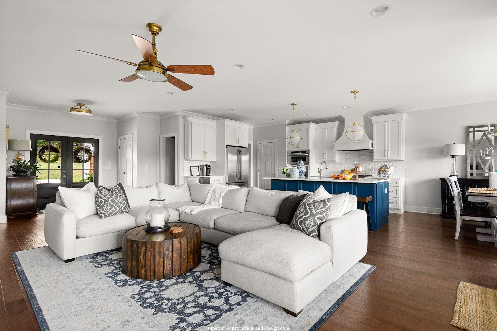 superior construction design new build traditional white blue elegant lake home living room