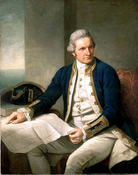 Illustration of a Captain James Cook holding a map.