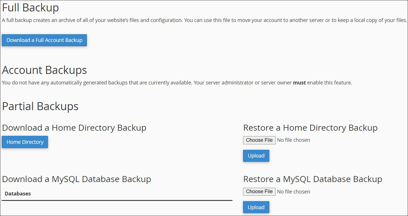 A screenshot of different types of cPanel backups.