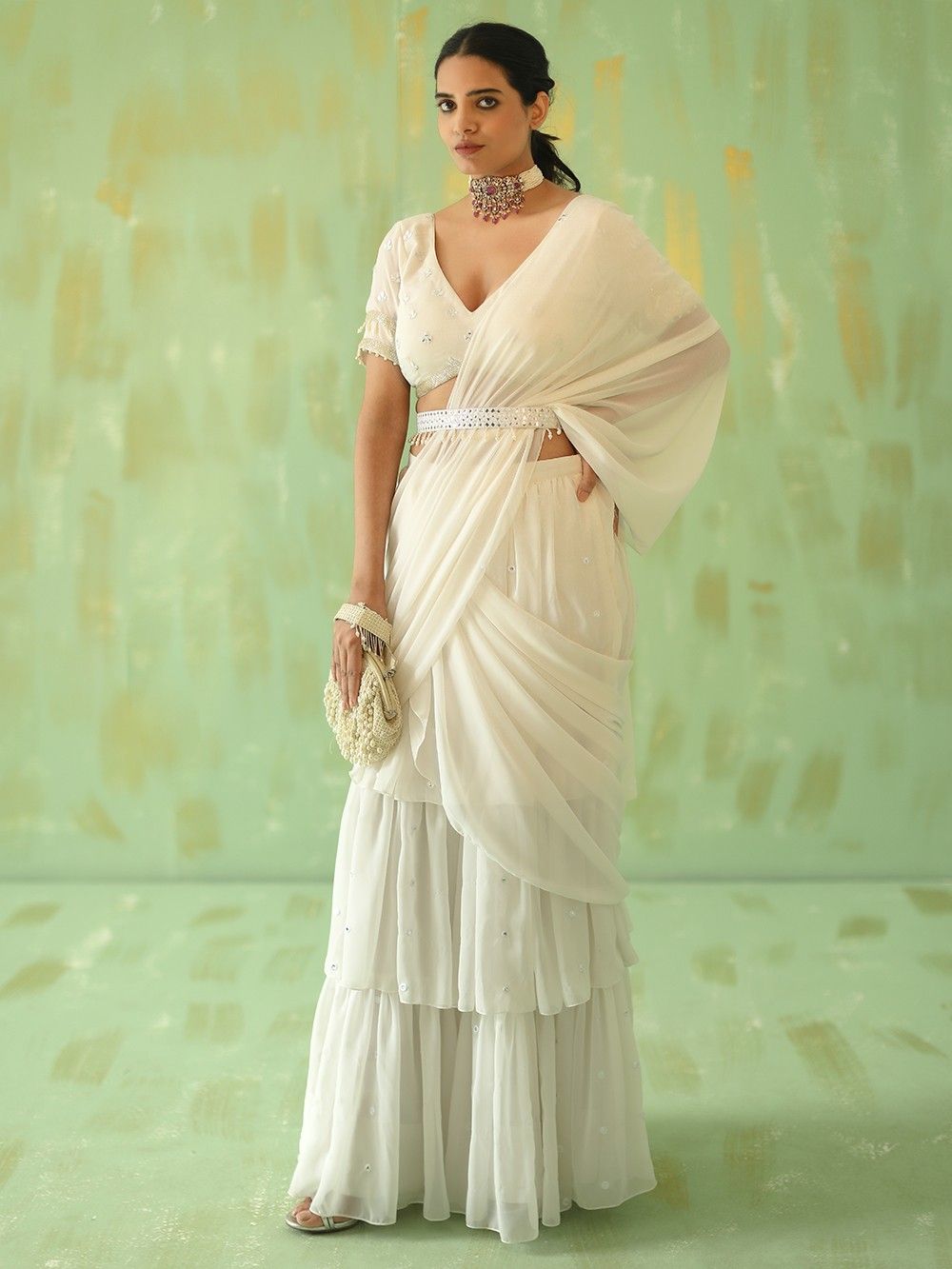 the loom - Off White Embroidered Georgette Pre Stitched Saree