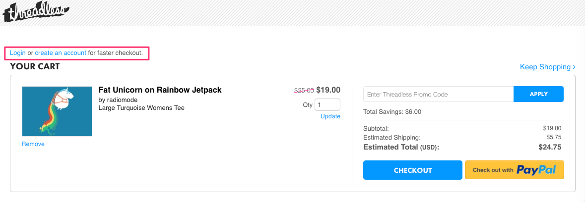 screenshot of the payment screen for an online order with threadless