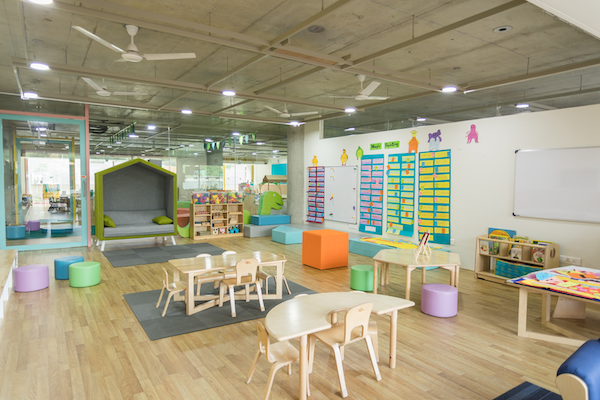 Preschool classroom showing furniture, design, and supplies