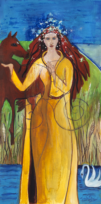 A water color painting of goddess Aine standing next to a horse near a river. There is a swan in the river. She is wearing a golden yellow dress while her red hair flows down her back.