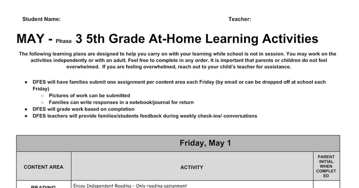 Phase 3--5th Grade At Home Learning Activities 