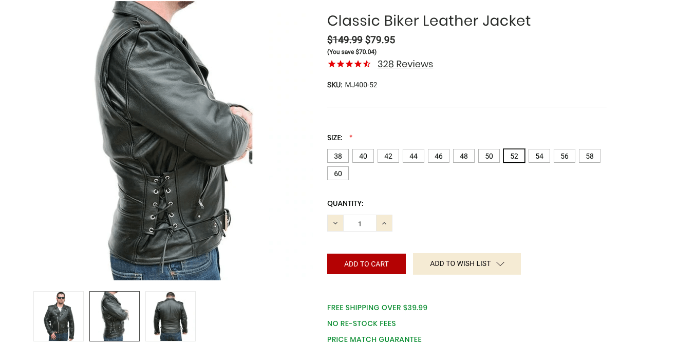 An example of the purchasing page for a classic leather biker jacket.