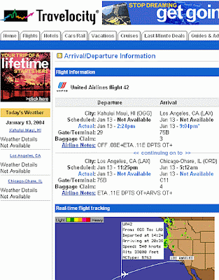 Screen shot of flight travel information