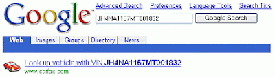 Screen shot of link to vehicle information