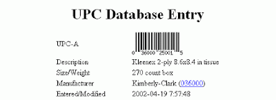 Screen shot of UPC information