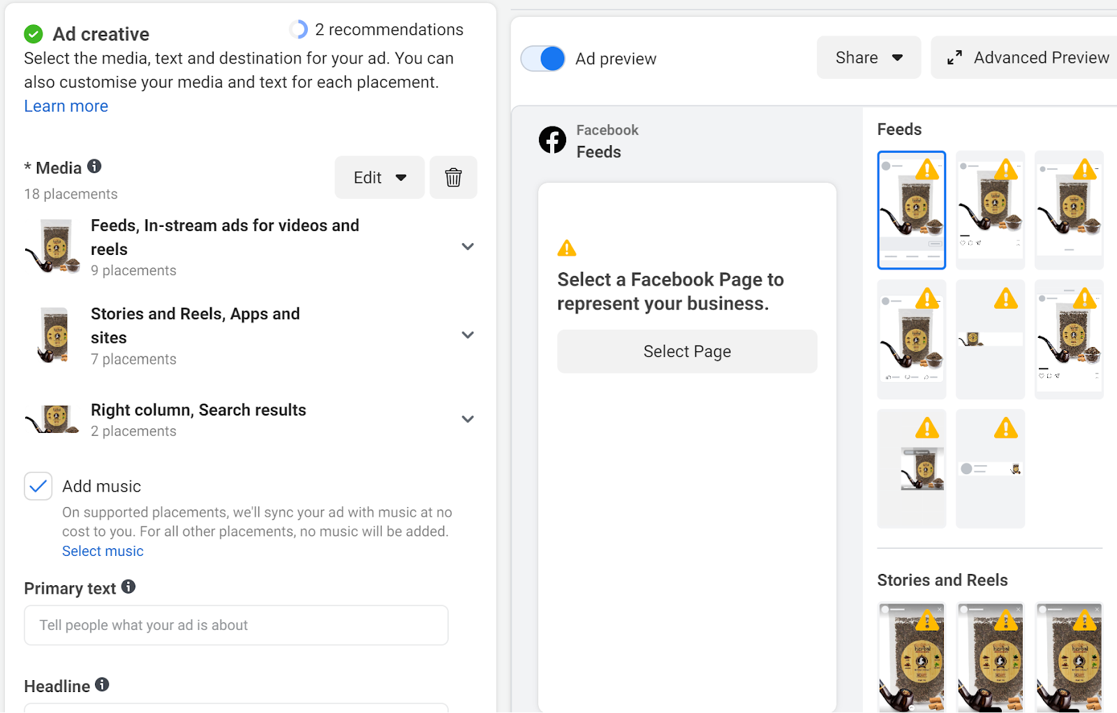 Facebook ad creative setup screen with tobacco images