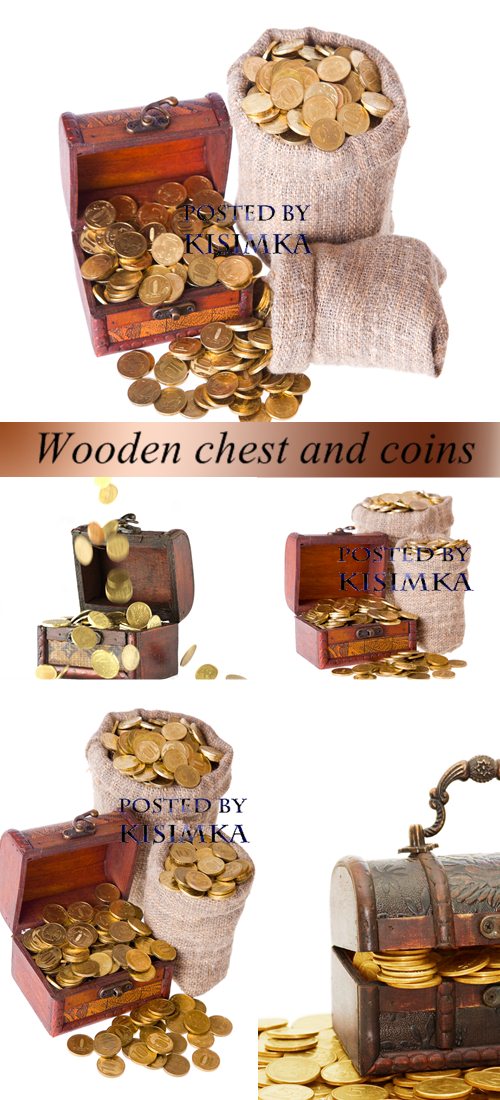 Stock Photo: Wooden chest and coins Stock Photo: Wooden chest and coins