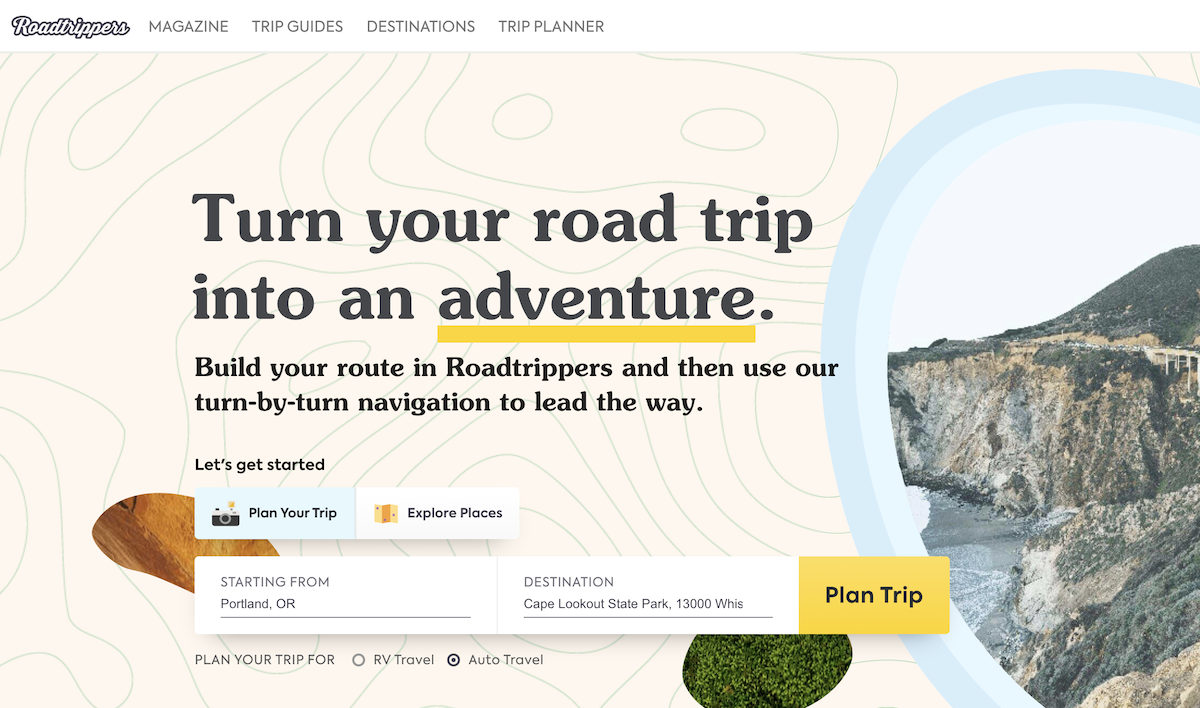 screen shot showing how to use Roadtrippers and how to set your starting from and destination point