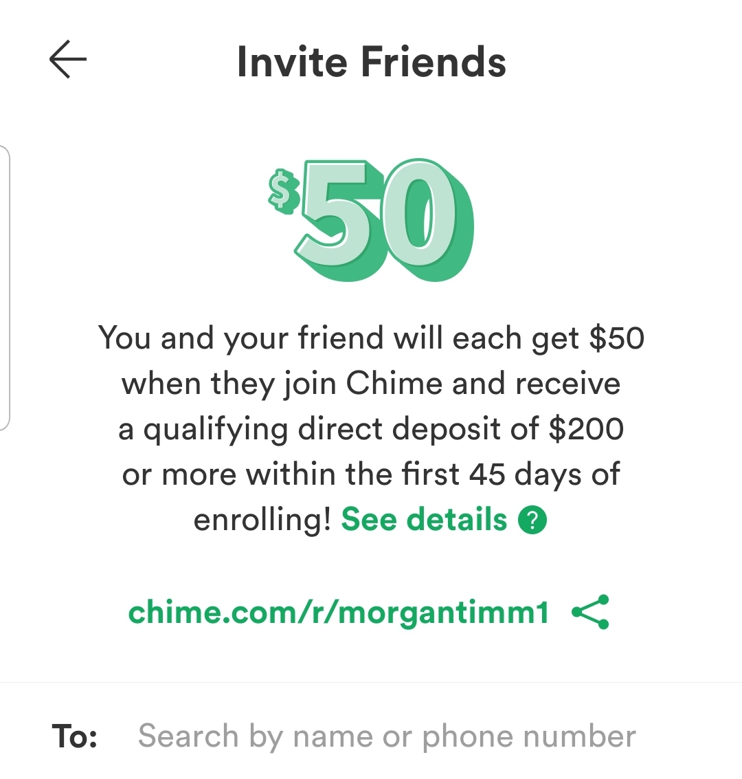 A screenshot sharing that Chime members can earn $50 for referring new members.