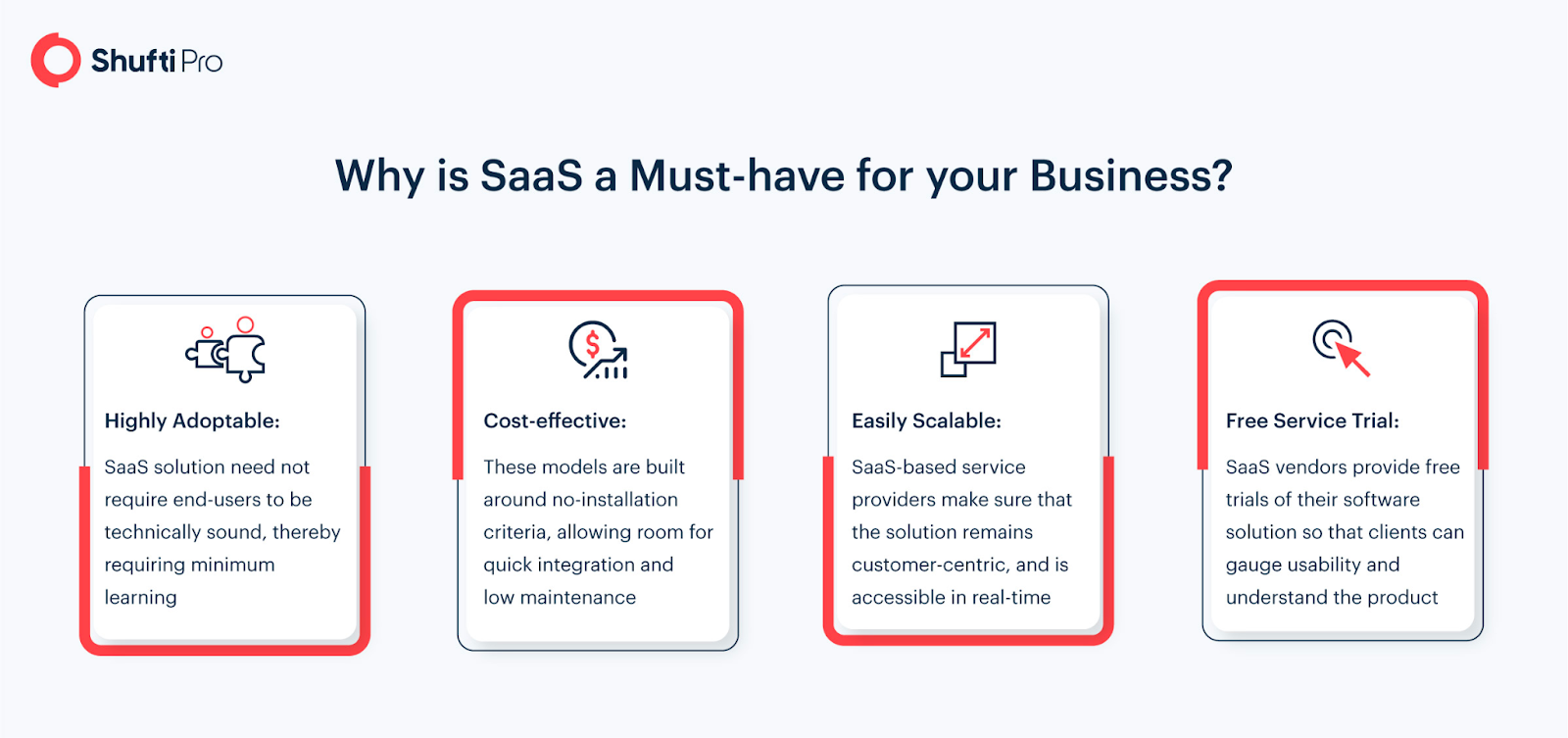 Highly Adoptable: SaaS solution need not require end-users to be technically sound, thereby requiring minimum learning.
Cost-effective: These models are built around no-instillation criteria, allowing room for quick integration and low maintenance.
Easily Scalable: SaaS-based service providers make sure that the solution remains customer-centric, and is accessible in real-time.
Free Service Tool: SaaS vendors provide free trials of their software solution so that clients can gauge usability and understand the product.