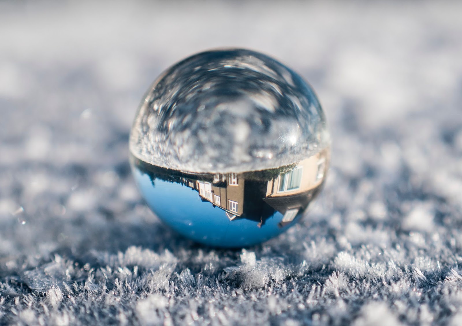 close-up of a reflective metal sphere on what looks like frosty ground, reflecting the blurred ground at the top of the sphere, and a crisp image of a neighborhood, not visible from the close-up, in the lower half of the ball  