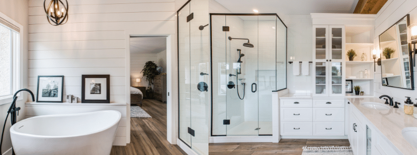 Split screen image showing two sides of the same luxurious ensuite bathroom design, featuring a custom tiled walk-in glass shower, with floor-to-ceiling cabinetry, and a deep soaker tub with tile surround.