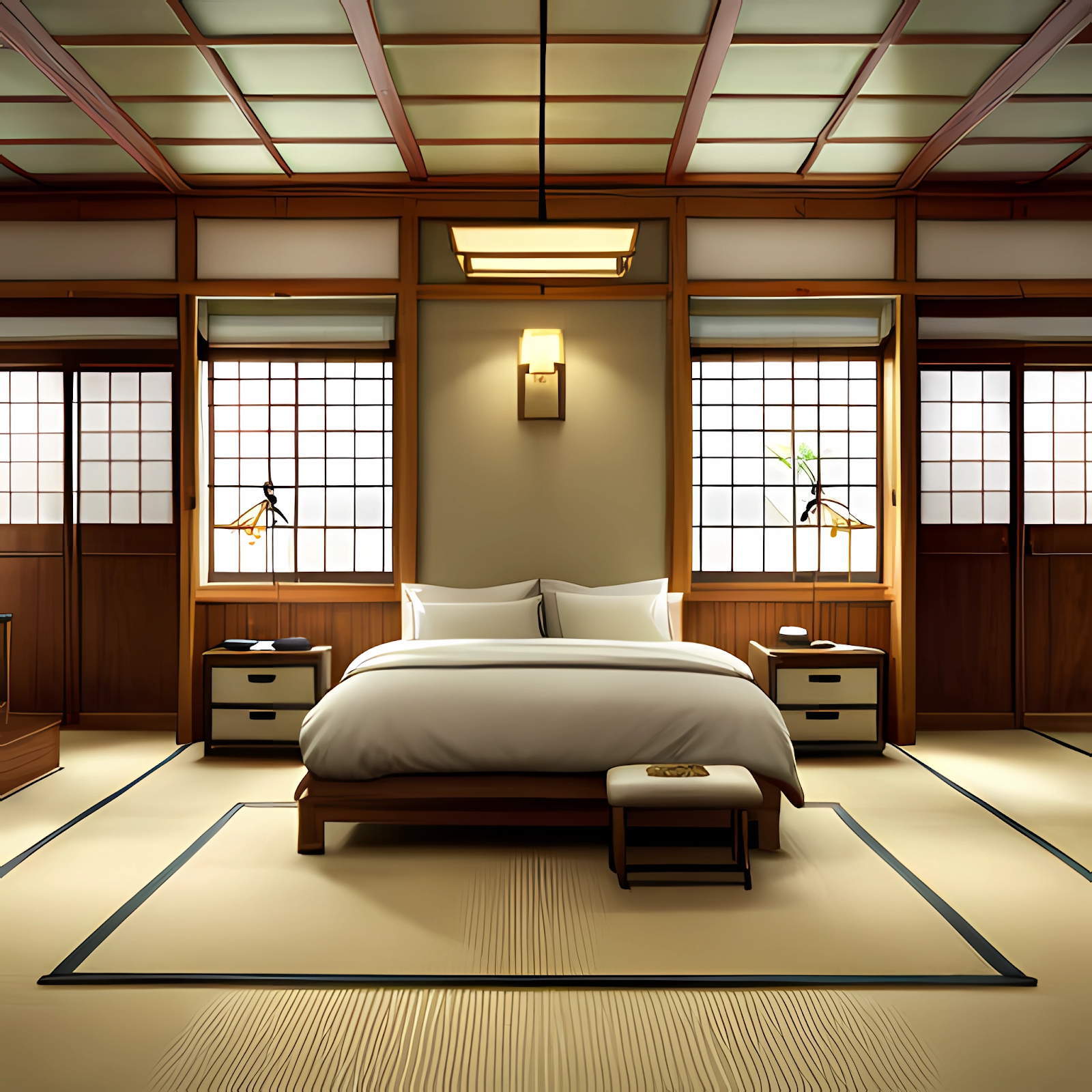Minimalistický design japonské ložnice.
