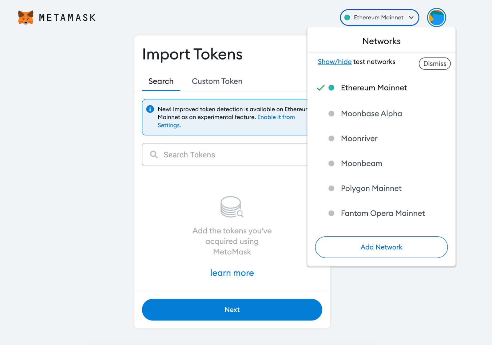 Drop-down menu showing various networks available by default in MetaMask.