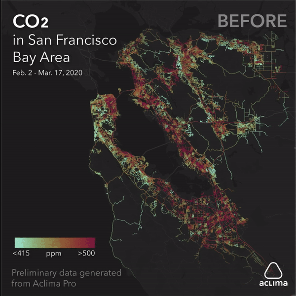 Aclima roving sensor network visualized in Aclima Pro showing changing carbon dioxide (CO2) levels in the Bay Area