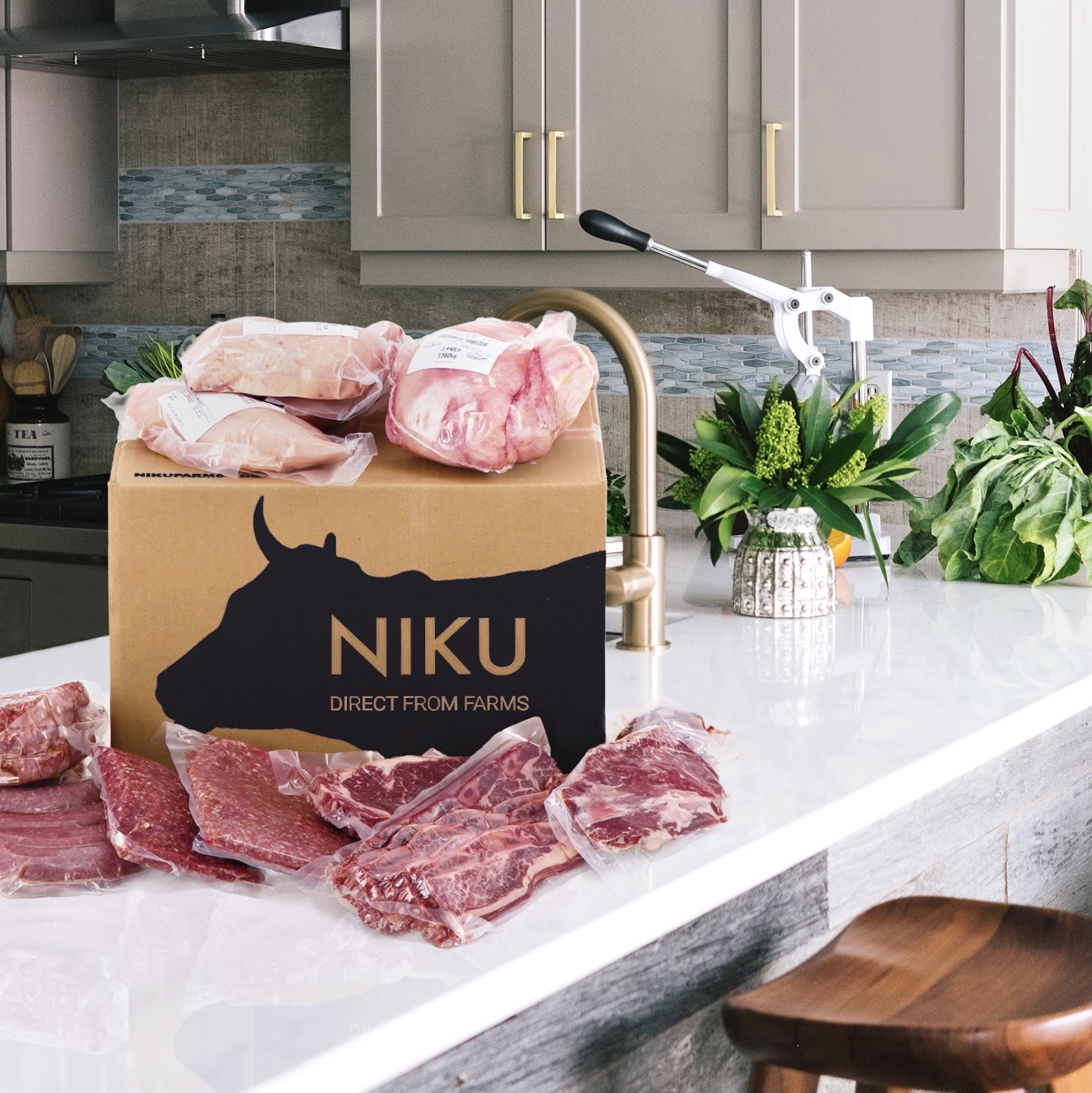 A NIKU Farms box on a white kitchen counter.