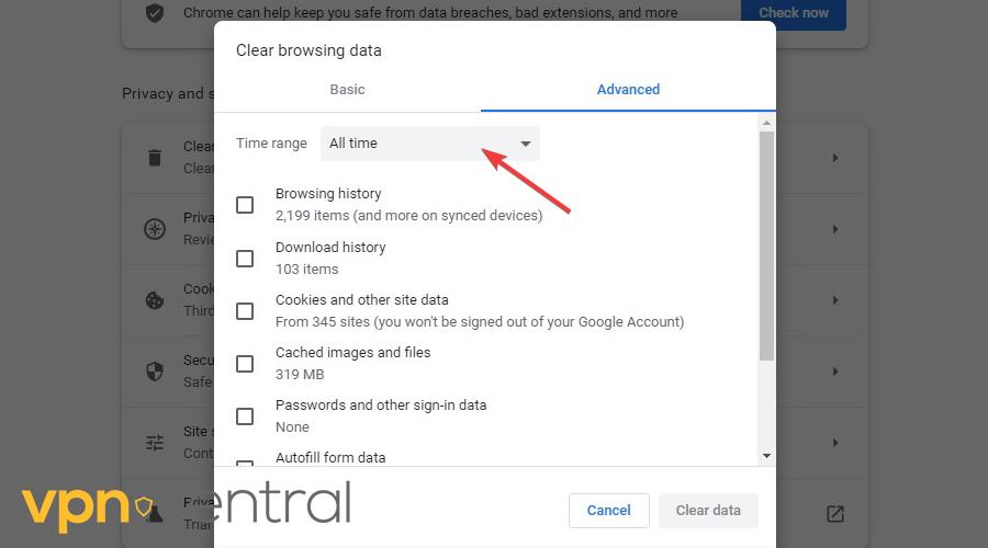 Google Chrome Clear browsing data advanced tab