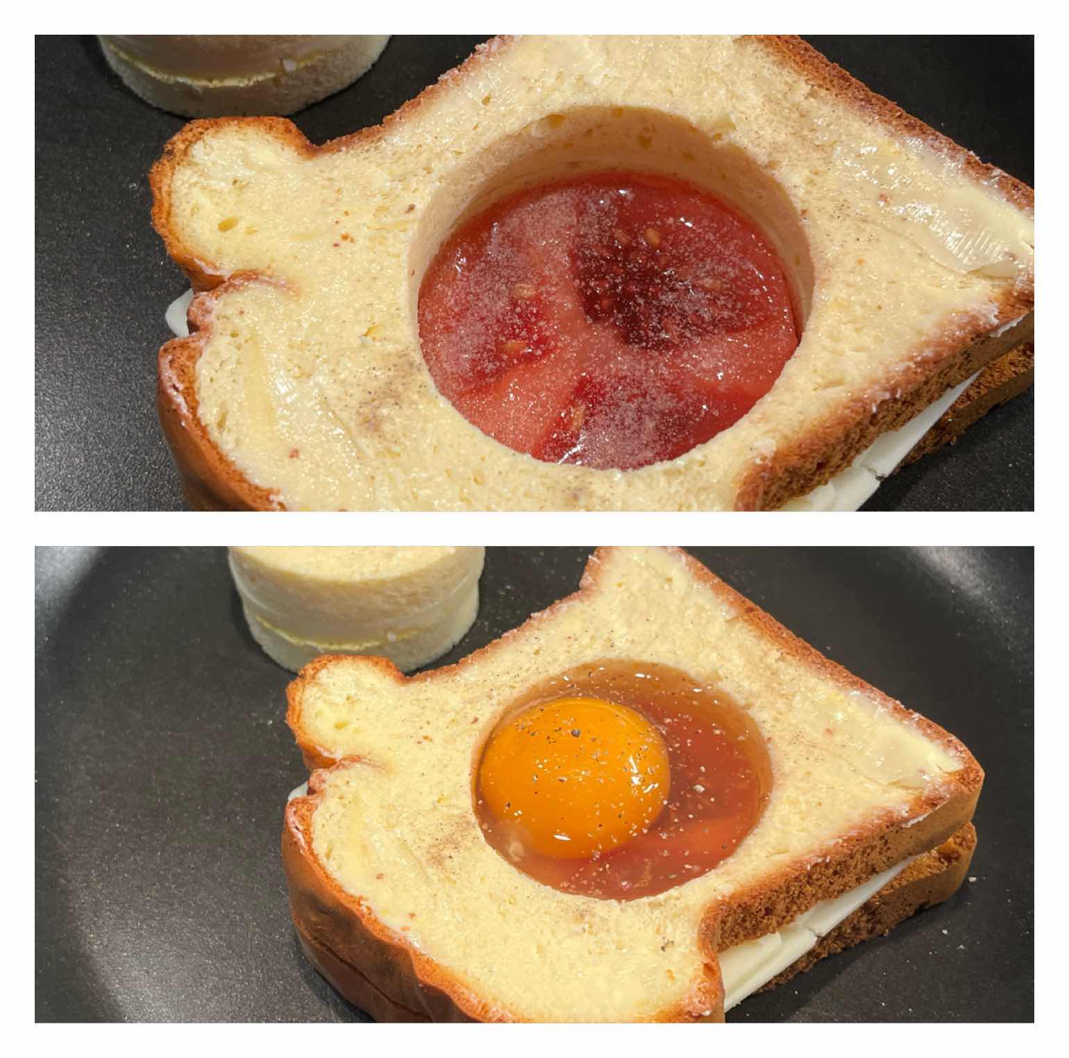 Place tomato in hole and top with egg