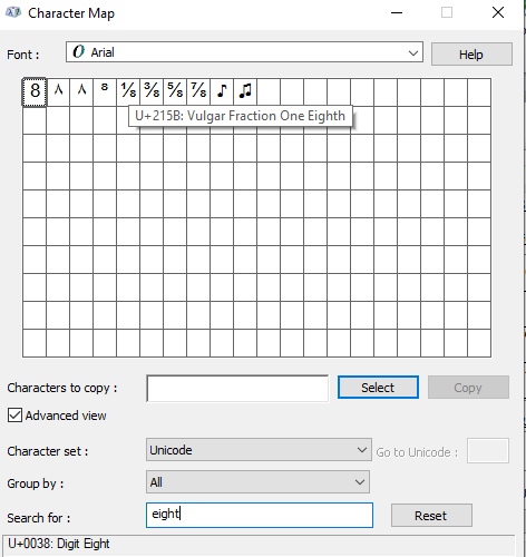 searching for one-eighth symbol in character map view