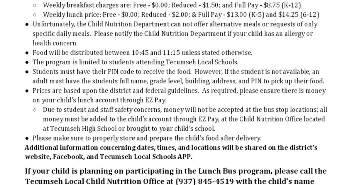 TLS Lunch Bus Guidelines and Food Distribution Schedule  - 1st Quarter
