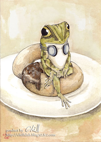 音楽が大好きなカエルがドーナツの上で少し考えているイラスト チルの工房 作品集 アイデアノート