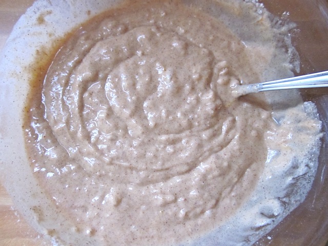 wet and dry ingredients mixed together to make spice cake batter