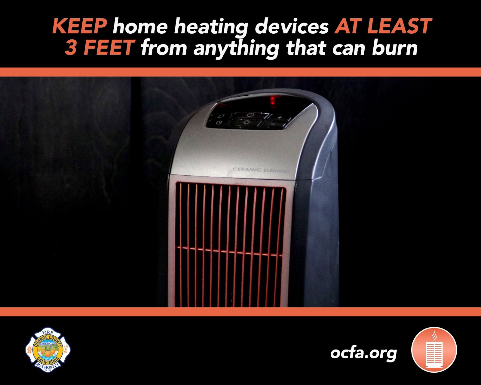 An image of an oscillating tower heater that said Keep home heating devices at least 3 feet from anything that can burn