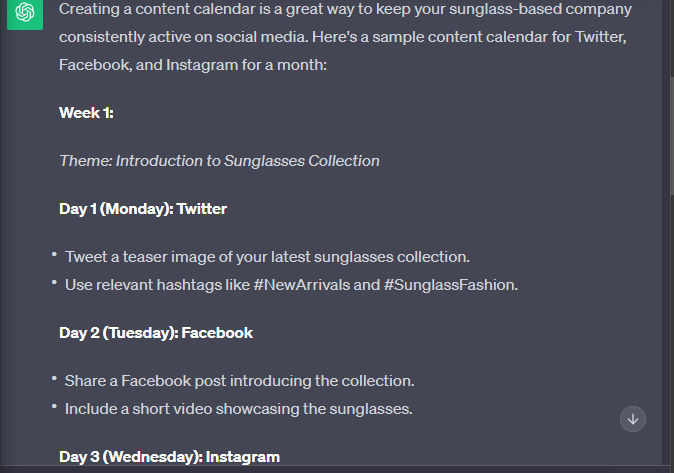 Calendar to keep sunglass-based company consistent on social media site | ChatGPT for Marketing 