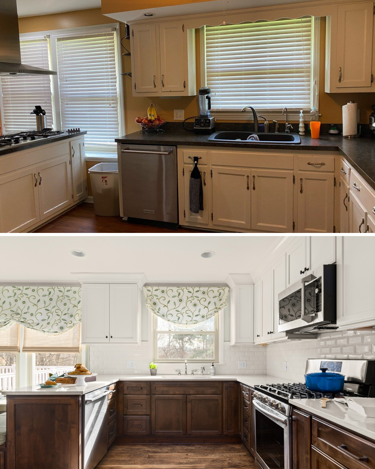 Superior construction and design Lebanon, TN 1970s Ranch Reno dark kitchen before reno and bright white subway tile in kitchen after reno