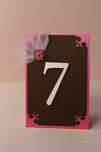 table numbers, numbers with feathers, pink and borown table numbers, reception table numbers